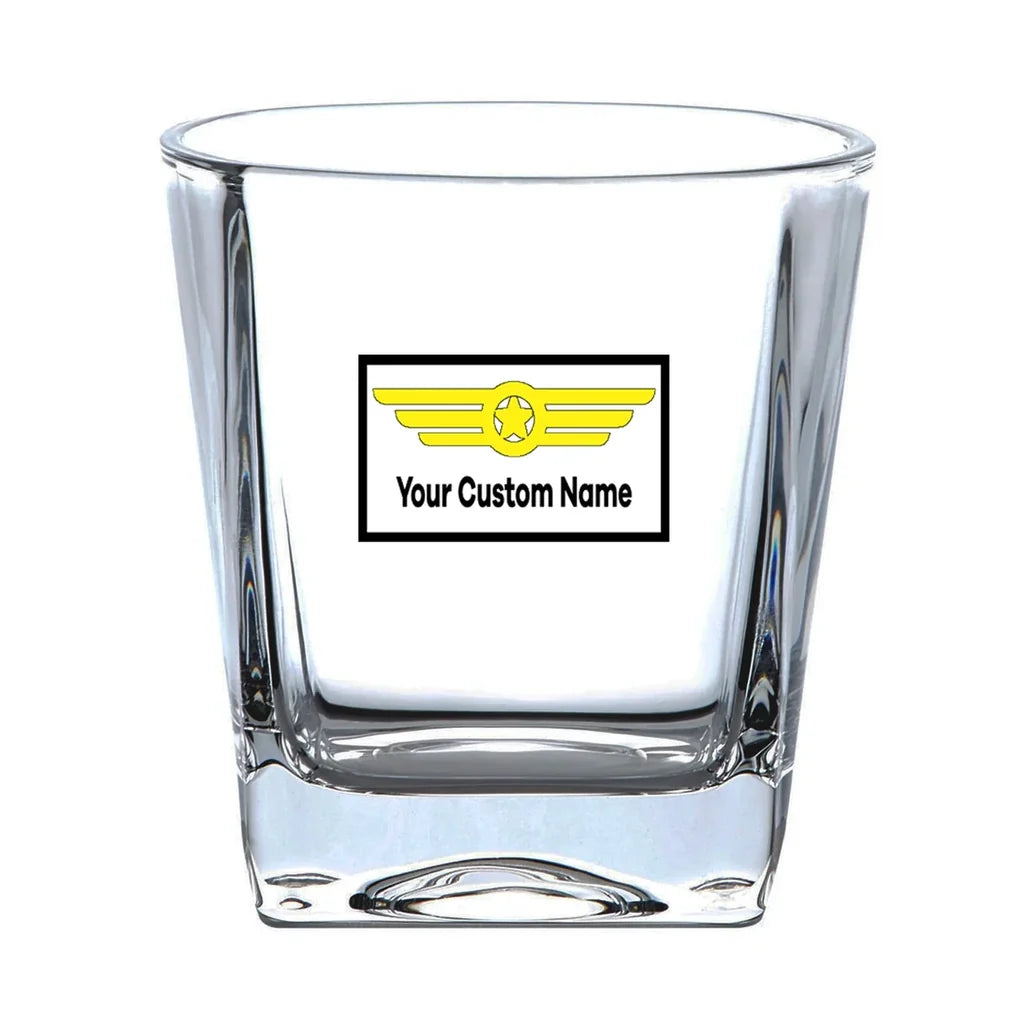 Custom Name "Badge 1" aviation design on whiskey glass, crystal-clear premium glassware.