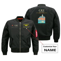 Thumbnail for Graz Airport (GRZ) design on black bomber jacket with custom name patch