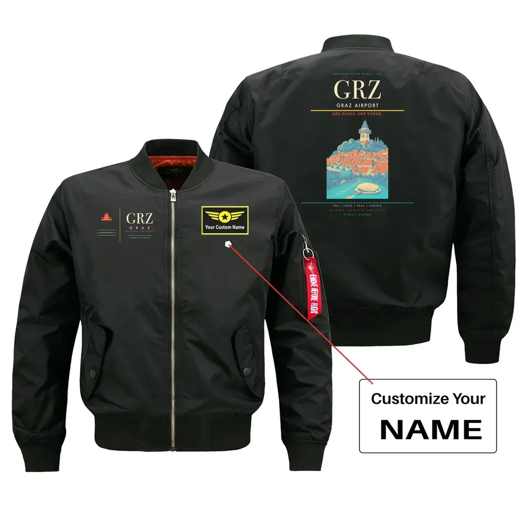 Graz Airport (GRZ) design on black bomber jacket with custom name patch