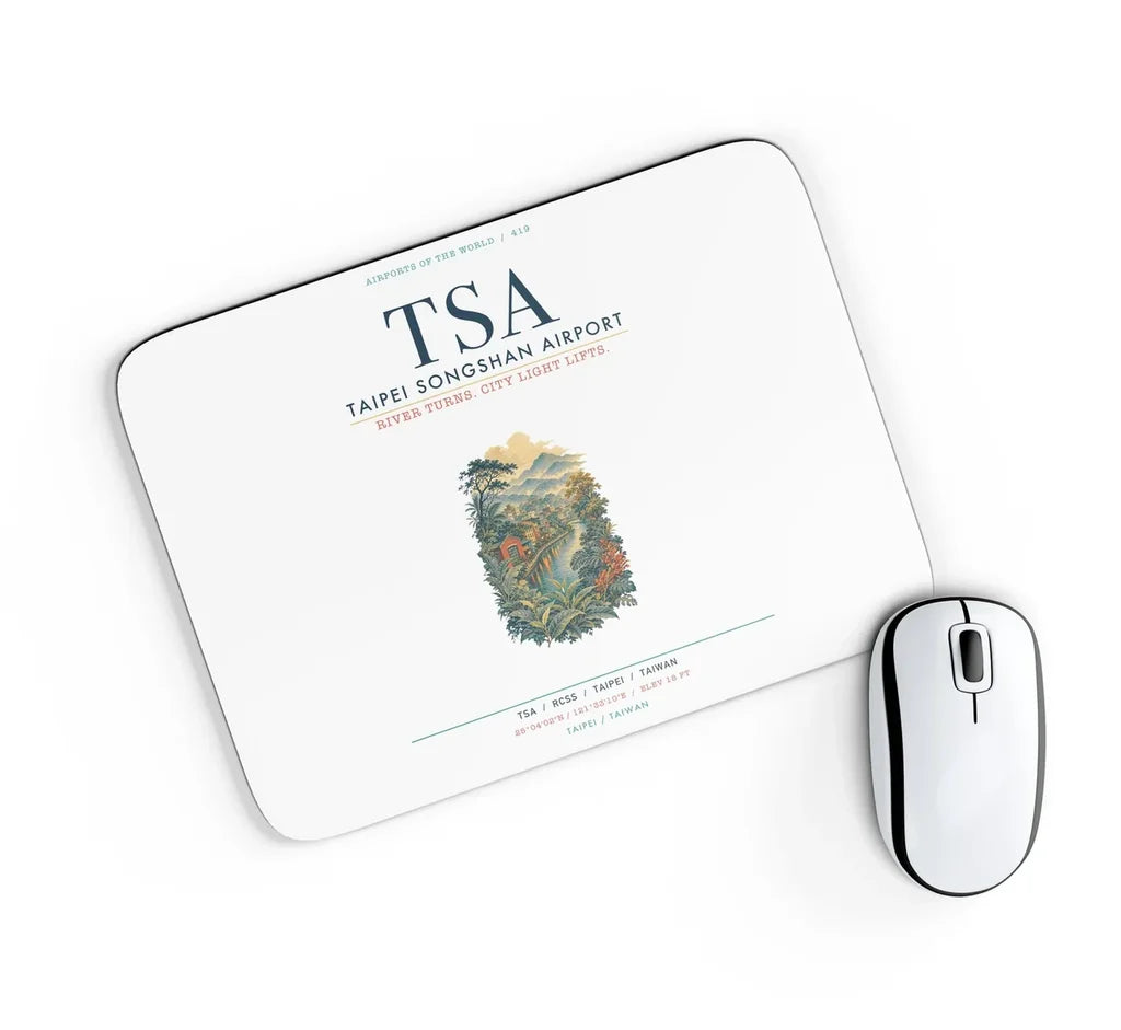 Taipei Songshan Airport (TSA) design on white rectangle mouse pad
