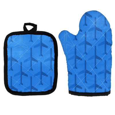 Blue Seamless Airplanes Kitchen Glove & Holder aviation design on durable fabric with insulated lining kitchen glove holder.