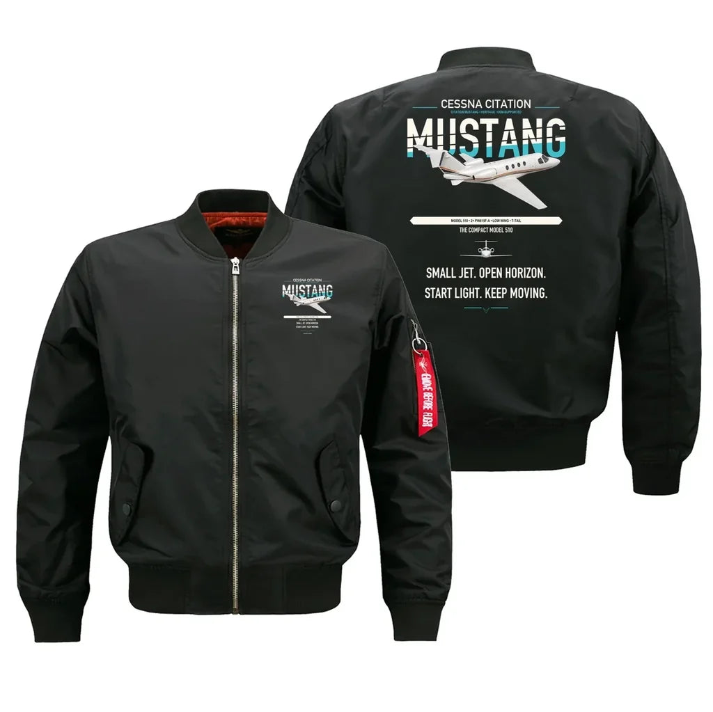 Cessna Citation Mustang design on black bomber jacket, double-side print