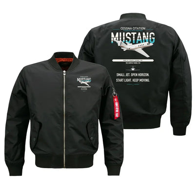 Cessna Citation Mustang design on black bomber jacket, double-side print