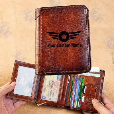 Custom Name (Badge 4) aviation leather wallet in leather.
