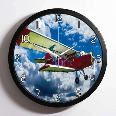 Beautiful Clouds & Antonov-2 aviation design on premium wood and metal wall clock.
