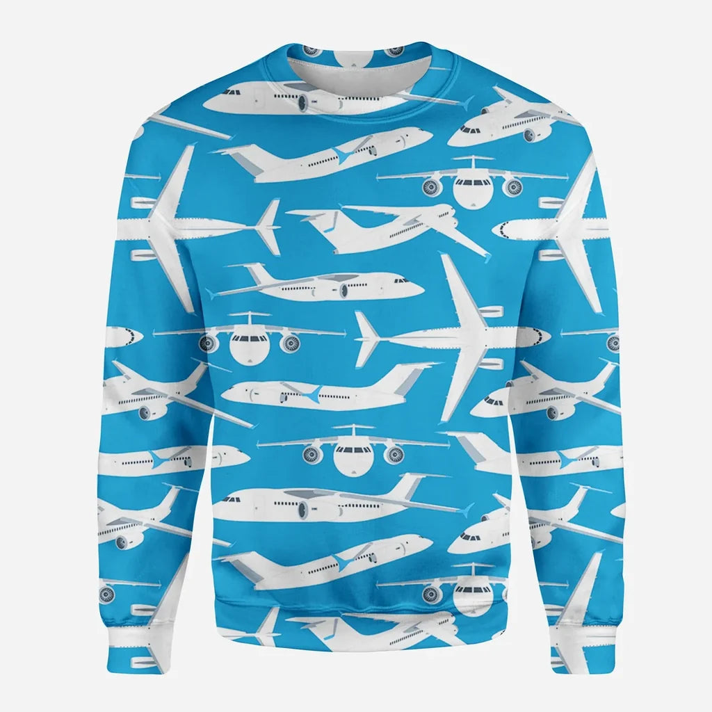 Big Airplanes aviation design printed on soft cotton blend 3D sweatshirt.