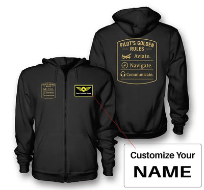 Pilot's Golden Rules aviation design on soft cotton blend zipped hoodie.
