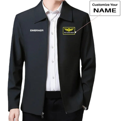 Embraer & Text aviation design printed on modern wool-blend shell with tailored fit stylish coat.