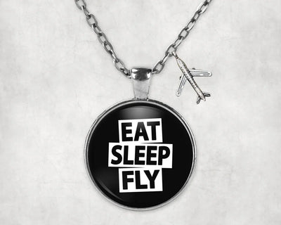 Eat Sleep Fly aviation necklace, stainless steel body with engraved detail.