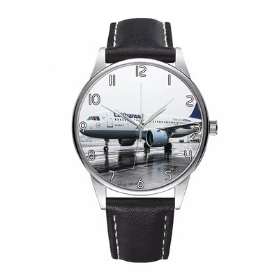Lufthansa's A320 Neo aviation watch with leather strap, leather strap body with engraved detail.