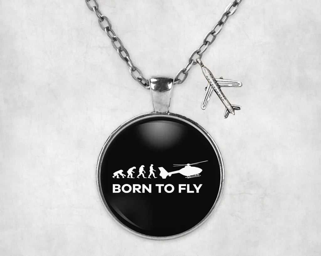 Side view of Born To Fly Helicopter aviation necklace in stainless steel, polished finish.