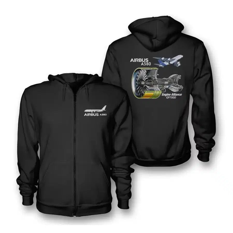 The Airbus A380 & GP7000 Engine aviation design on soft cotton blend zipped hoodie.