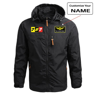 Flat Colourful 787 aviation design printed on lightweight shell with slim fit stylish thin jacket.