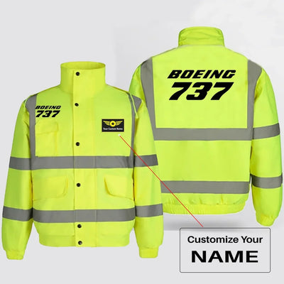 Boeing 737 & Text aviation design printed on insulated shell with high-visibility reflective panels reflective winter jacket.