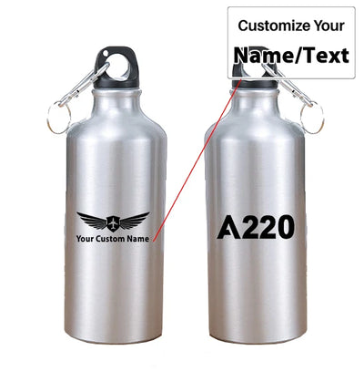 Airbus A220 Flat Text aviation design on thermos, vacuum-insulated.