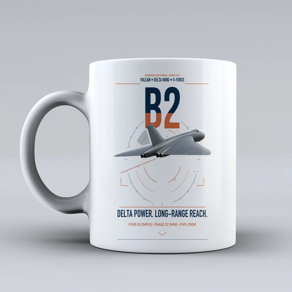 Avro Vulcan B2 design on white ceramic mug, double-side print