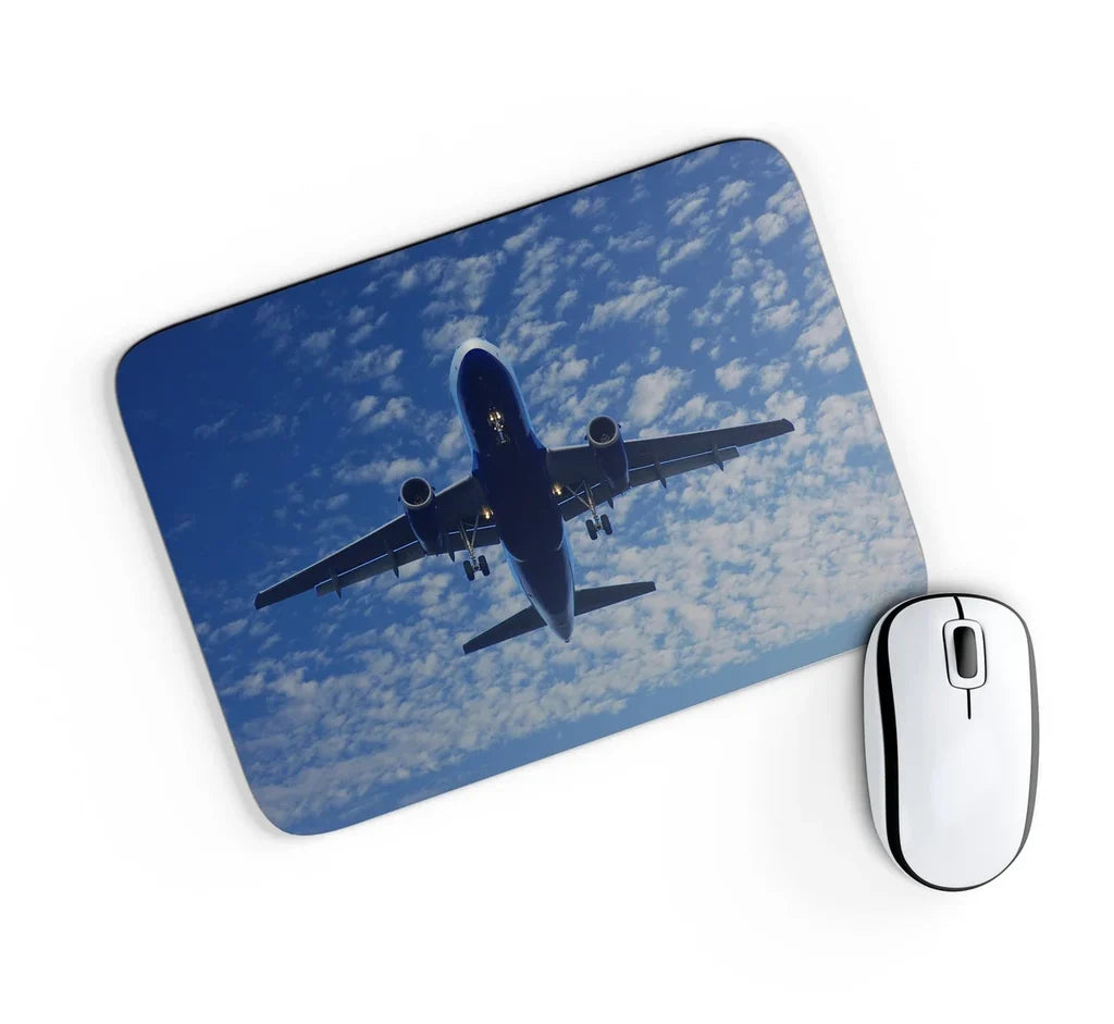 Airplane From Below aviation design on neoprene with anti-slip base mouse pad.