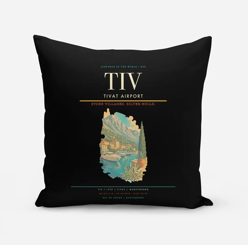 Tivat Airport (TIV) design on black pillow