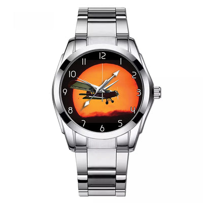 Amazing Antonov-2 With Sunset aviation watch with stainless steel band, stainless steel body with engraved detail.