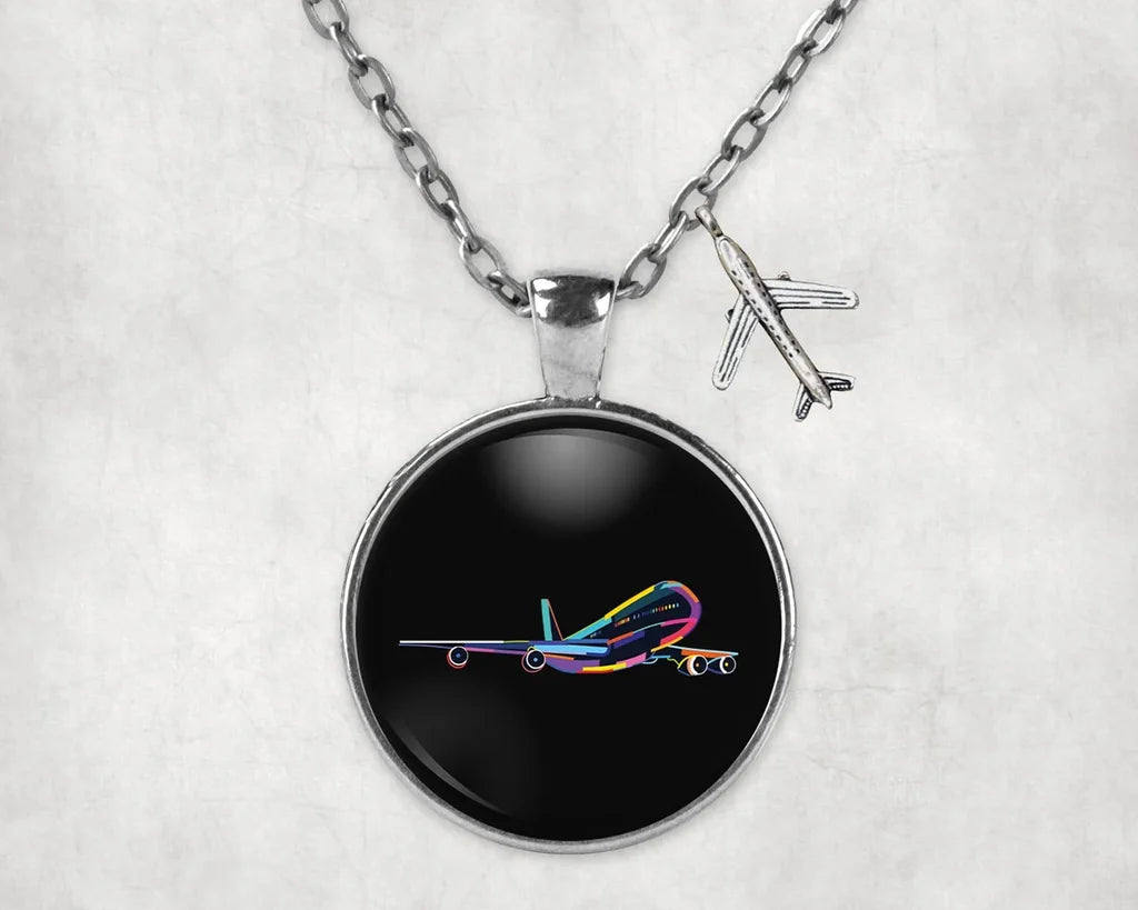Multicolor Airplane aviation necklace, stainless steel body with engraved detail.