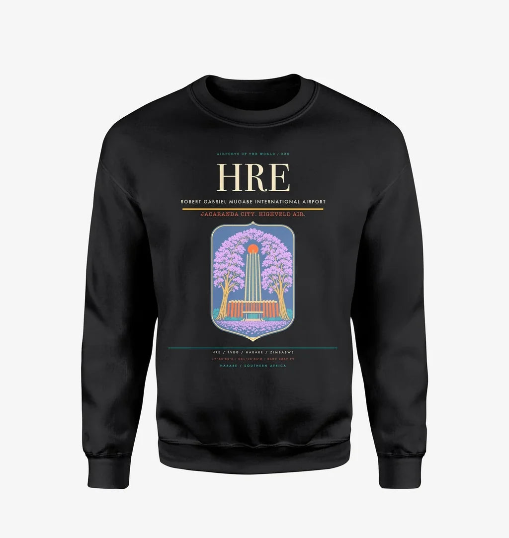 Robert Gabriel Mugabe International Airport (HRE) design on black sweatshirt