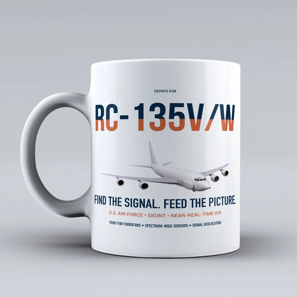 RC-135V W Rivet Joint design on white ceramic mug, double-side print