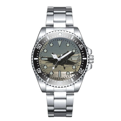 Side view of Deparing Jet from Sea Base Luxury Aviators aviation aviator watch in premium stainless steel, polished finish.