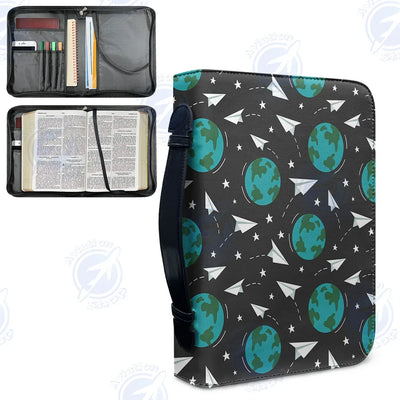 Paper Planes & Earth aviation print PU accessories bag, PU faux leather.