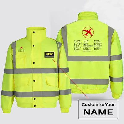 Aviation Alphabet 2 aviation design printed on insulated shell with high-visibility reflective panels reflective winter jacket.