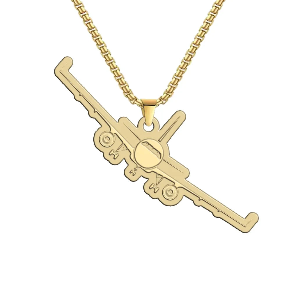 Side view of Airbus A320 Silhouette aviation hollow necklace in polished metal, polished finish.