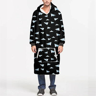 Paper Airplanes (Black) aviation design on soft fleece blanket hoodie.