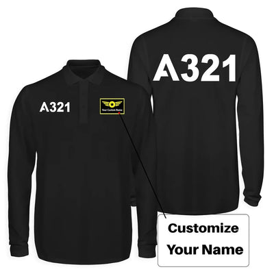 Airbus A321 Flat Text Long Sleeve Polo T-Shirts (Double-Side) aviation design printed on soft cotton long-sleeve double-side.