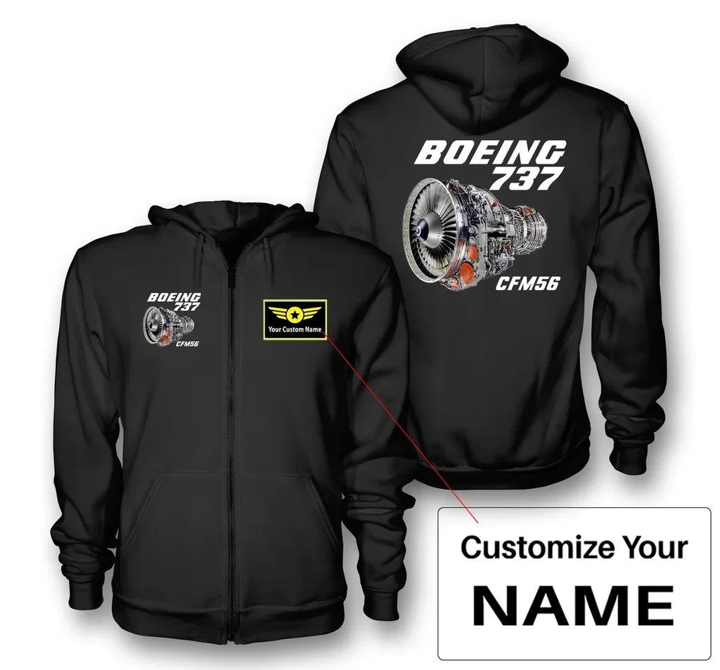 Boeing 737 Engine & CFM56 aviation design on soft cotton blend zipped hoodie.