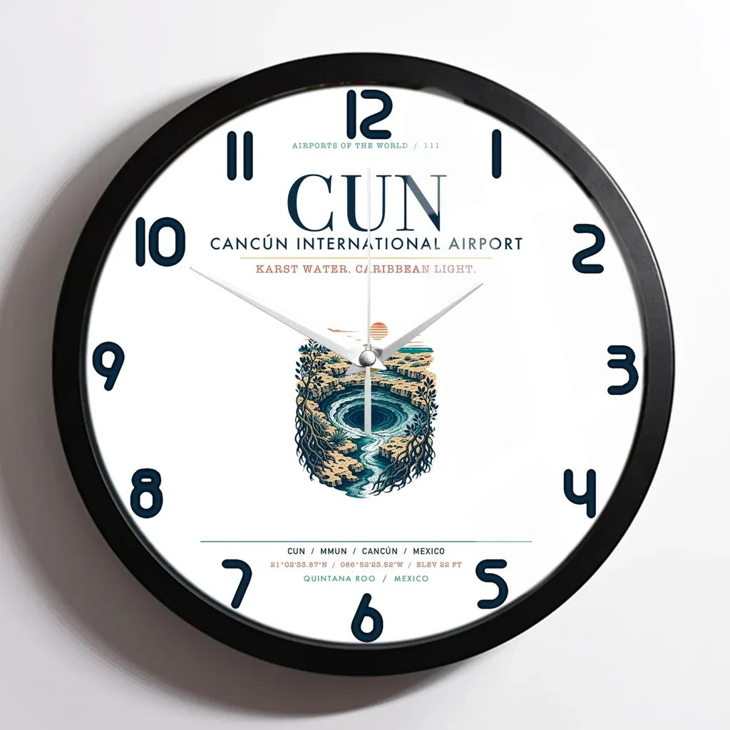 Cancún International Airport (CUN) design on white framed wall clock