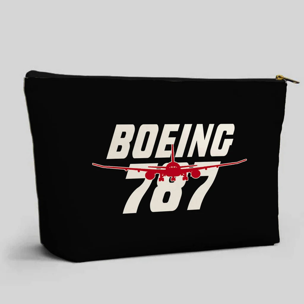 Amazing Boeing 787 aviation design zipper pouch, durable polyester construction.