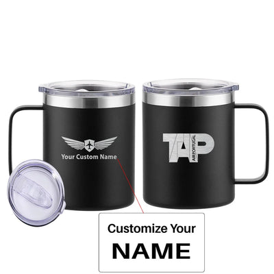 TAP Portugal Airlines aviation design on laser-engraved mug, permanent laser engraving on stainless.
