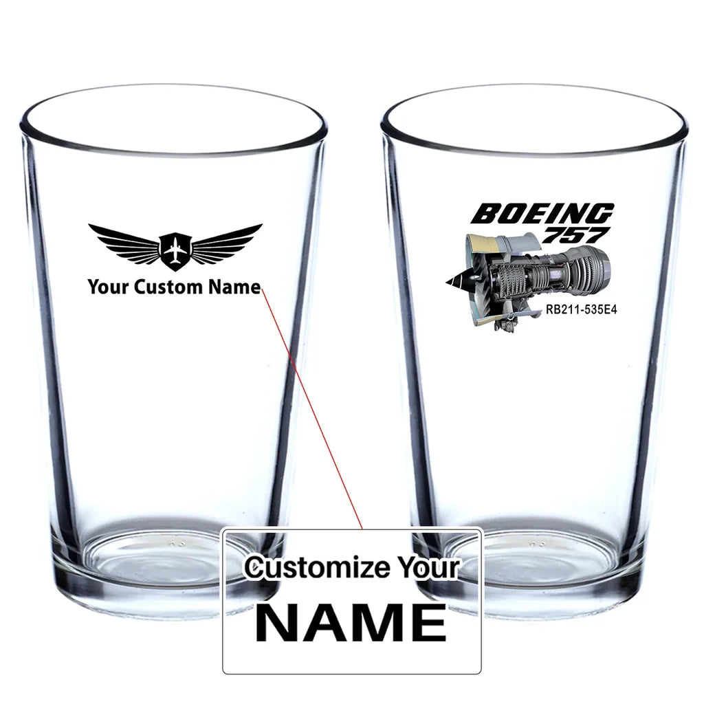 Boeing 757 & Rolls Royce Engine (RB211) Beer & aviation design on beer water glass, versatile drinkware.