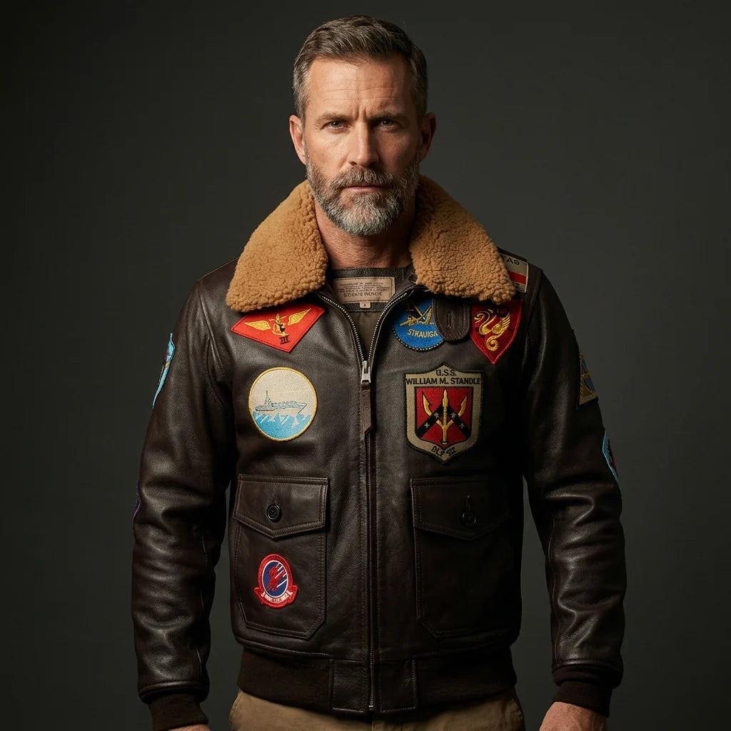 Aviation pilot jacket worn on model — editorial
