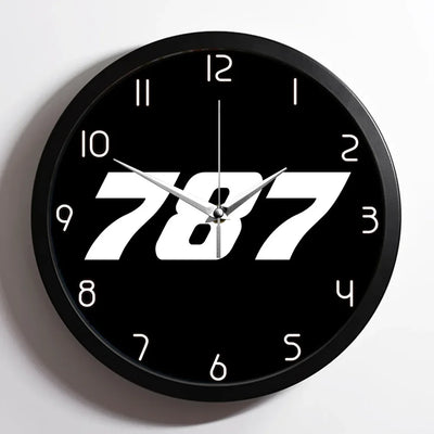 Boeing 787 Flat Text aviation design on premium wood and metal wall clock.