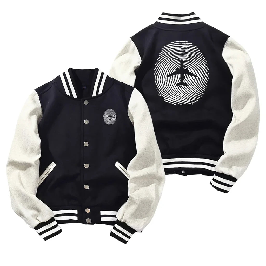 Aviation Finger Print Baseball Style aviation design printed on two-tone shell with ribbed cuffs baseball jacket.