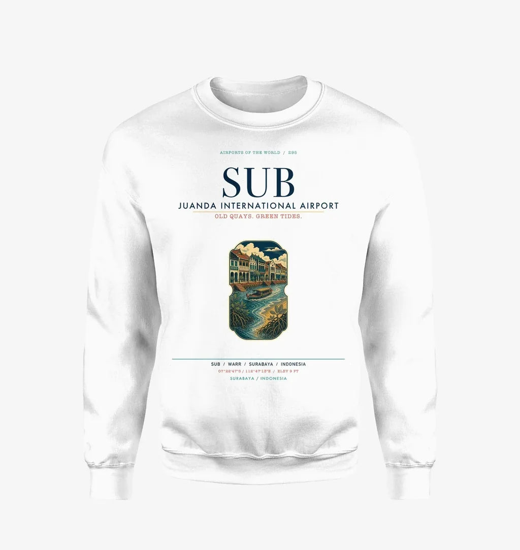 Juanda International Airport Surabaya (SUB) design on white sweatshirt
