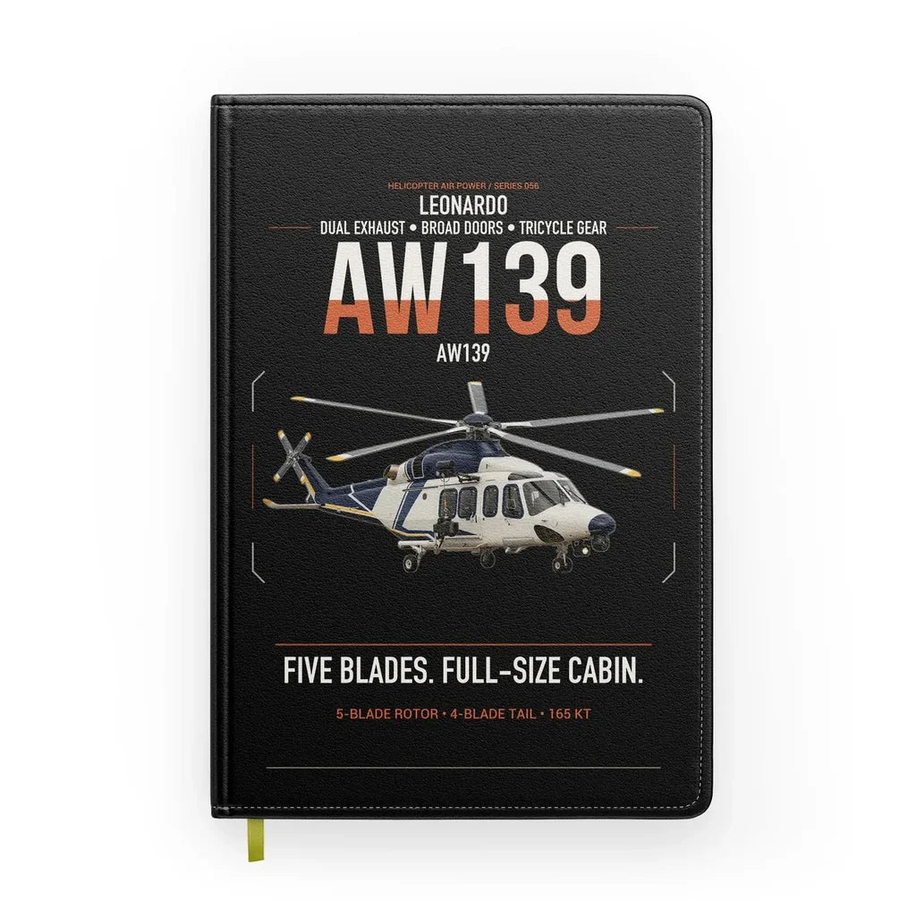 Leonardo AW139 design on black notebook