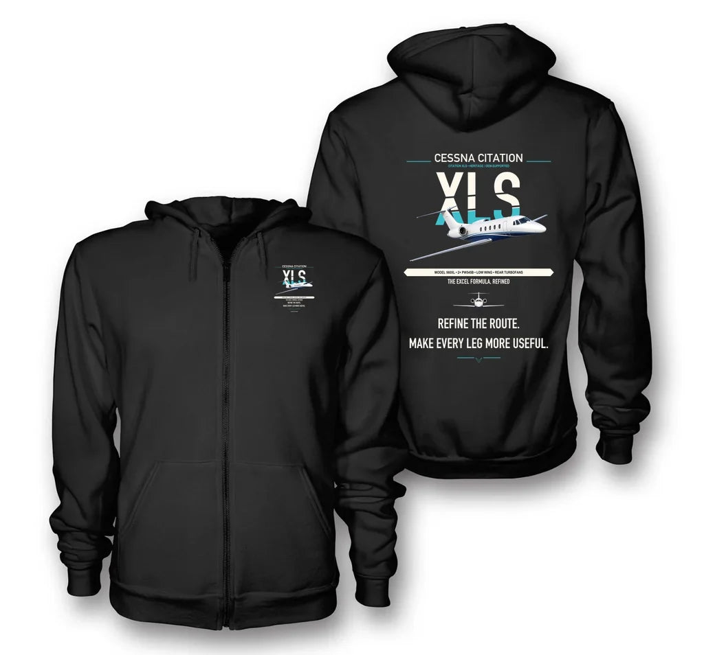 Cessna Citation XLS design on black premium zipped hoodie, double-side print