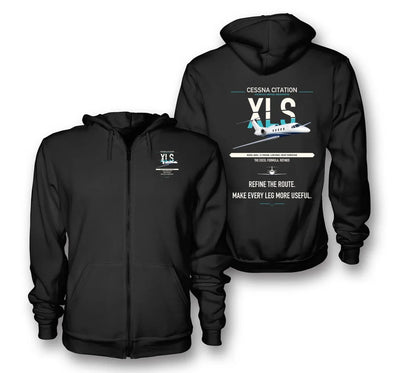 Cessna Citation XLS design on black premium zipped hoodie, double-side print
