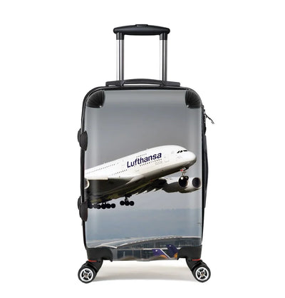 Departing Lufthansa's A380 Cabin Size aviation design luggage, durable shell construction.