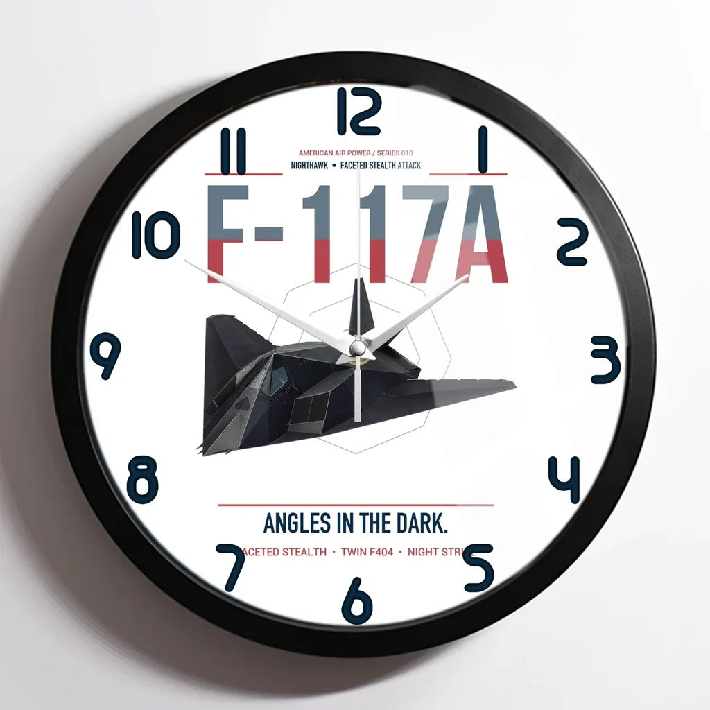 F-117A Nighthawk design on white framed wall clock