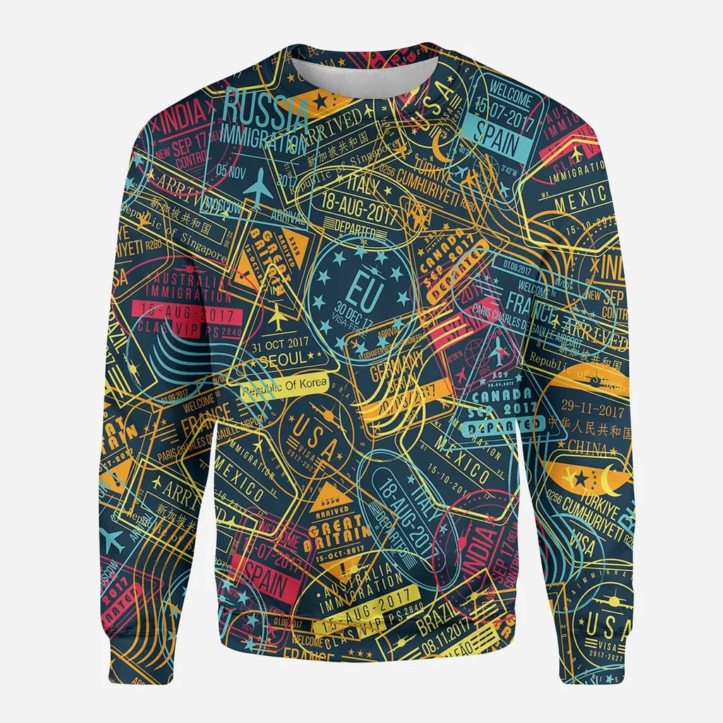 Dark Coloured Passport Stamps aviation design printed on soft cotton blend 3D sweatshirt.