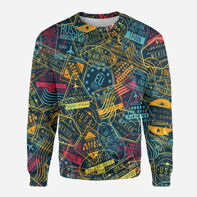 Dark Coloured Passport Stamps aviation design printed on soft cotton blend 3D sweatshirt.