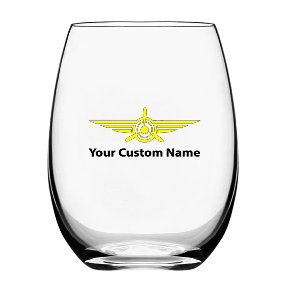 Custom Name "Badge 3" Water & Drink aviation design on water glass, crystal-clear premium glassware.