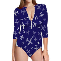 Thumbnail for Different Sizes aviation design on stretch swim fabric deep-V swim bodysuit.